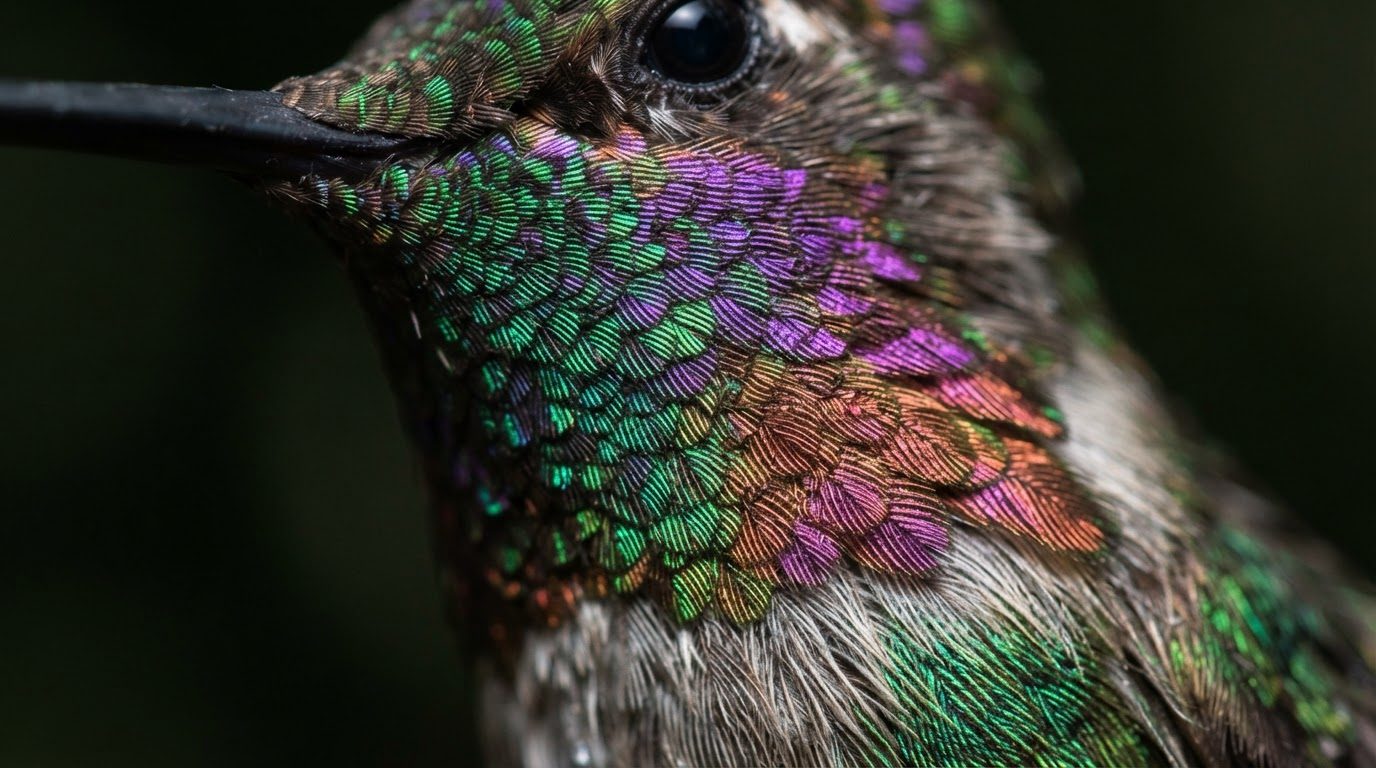 Iridescent hummingbird feathers shimmering green, violet and copper.