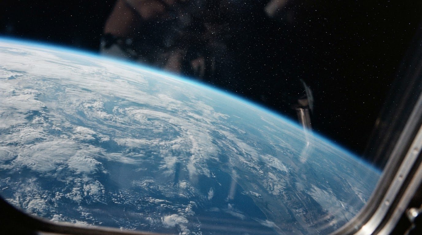 The curve of the Earth and its thin blue atmosphere, seen through a spacecraft window.