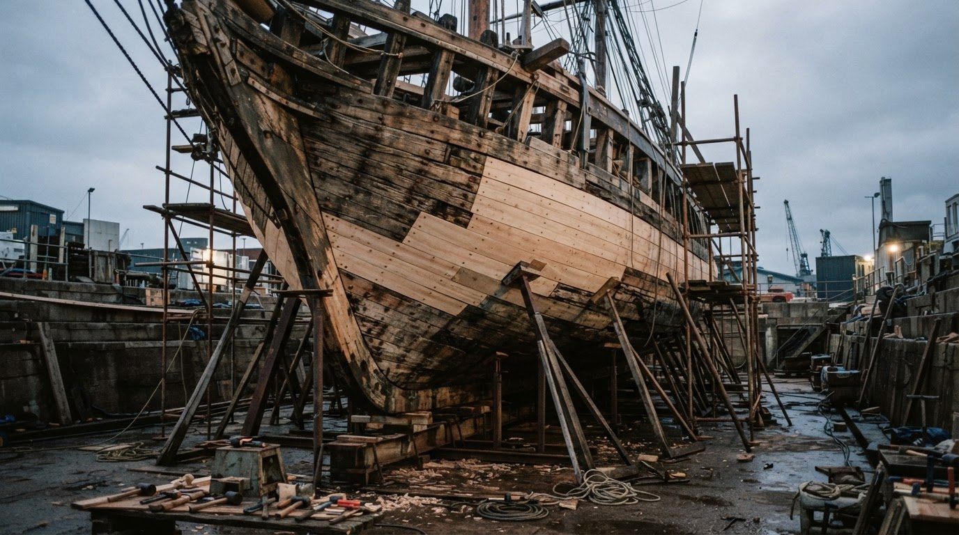 An old wooden ship in dry dock, part weathered planks, part new.