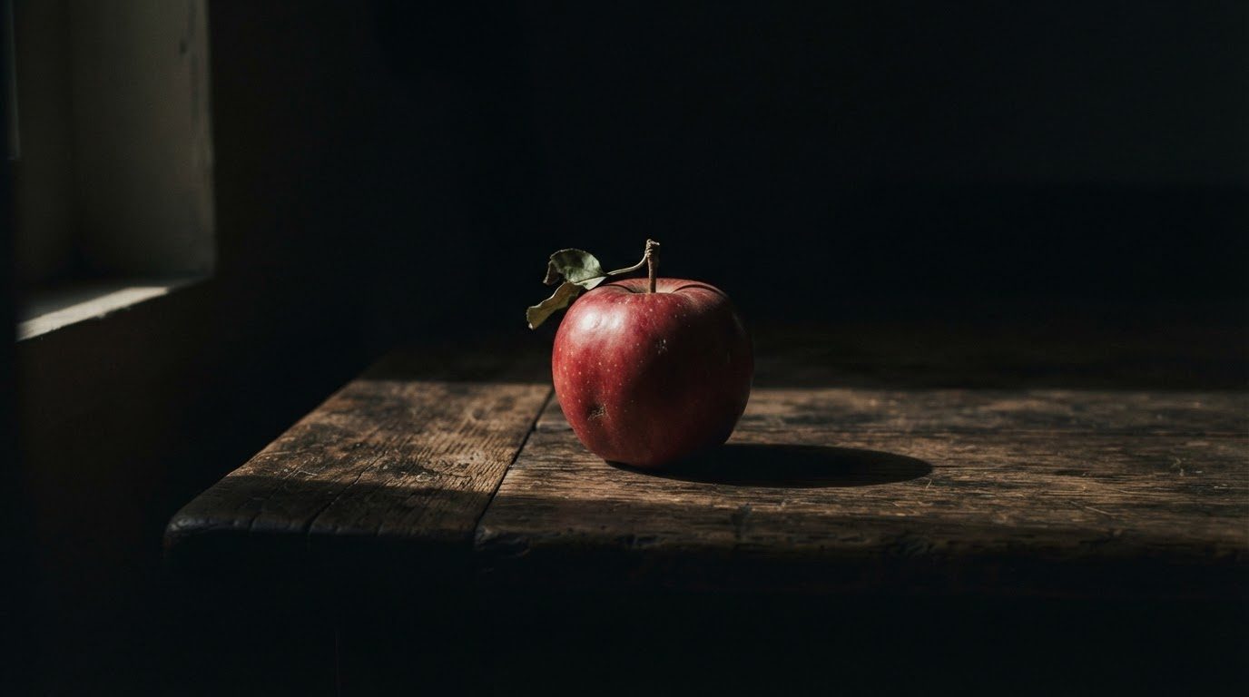 A single red apple on a dark wooden table in a narrow beam of light.