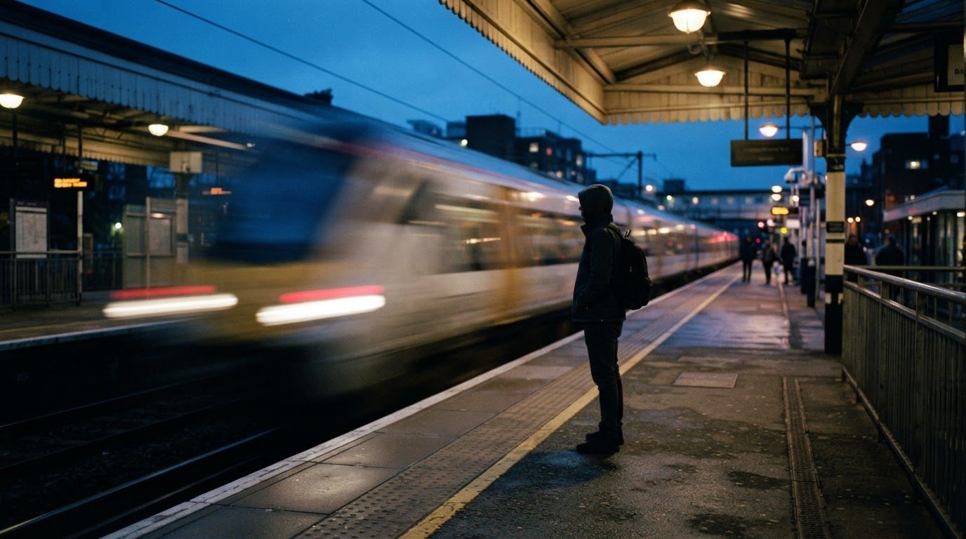 A train streaking past a platform at dusk while one figure stands still.