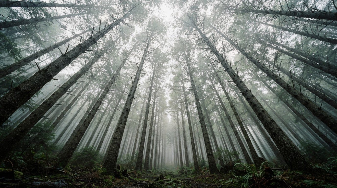 Looking straight up through tall misty tree trunks toward a pale sky.
