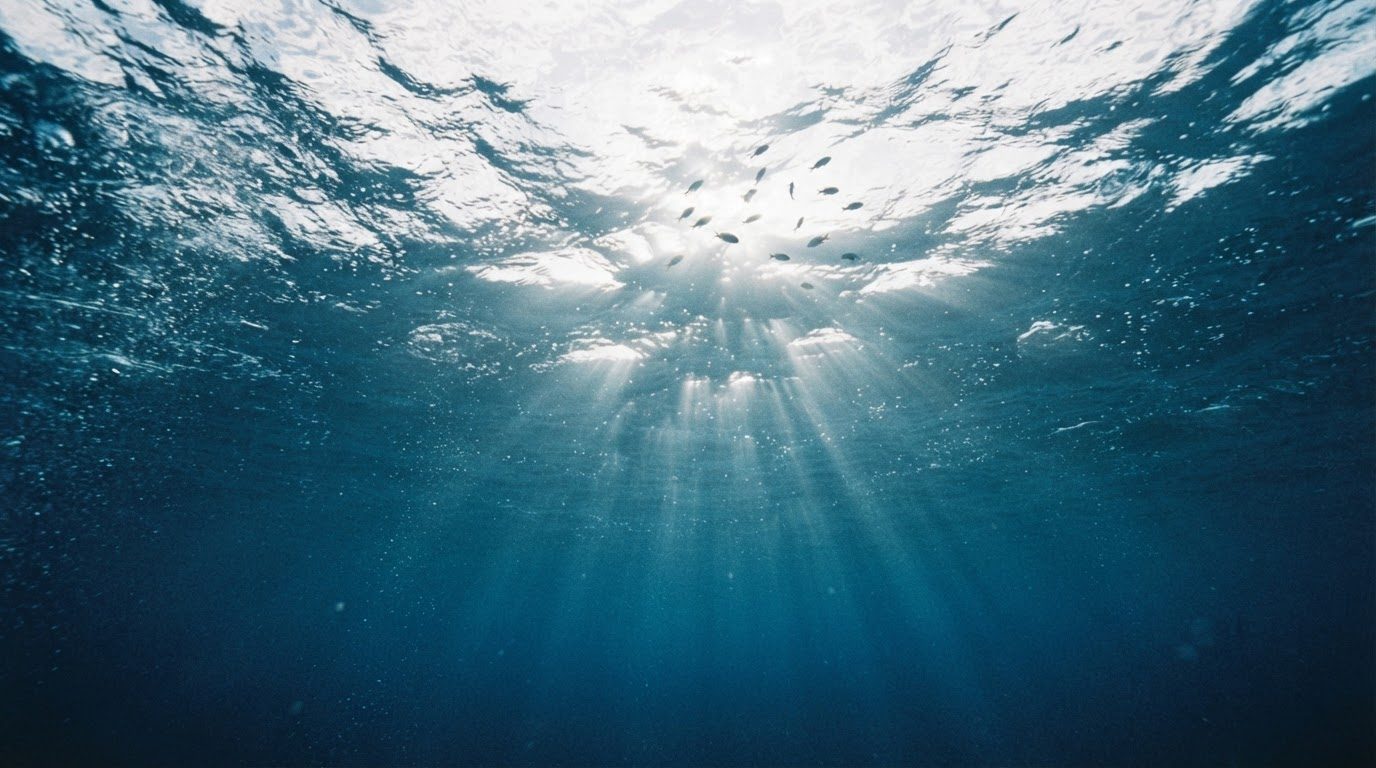 Looking up from underwater at rippling waves and rays of sunlight, with small fish.