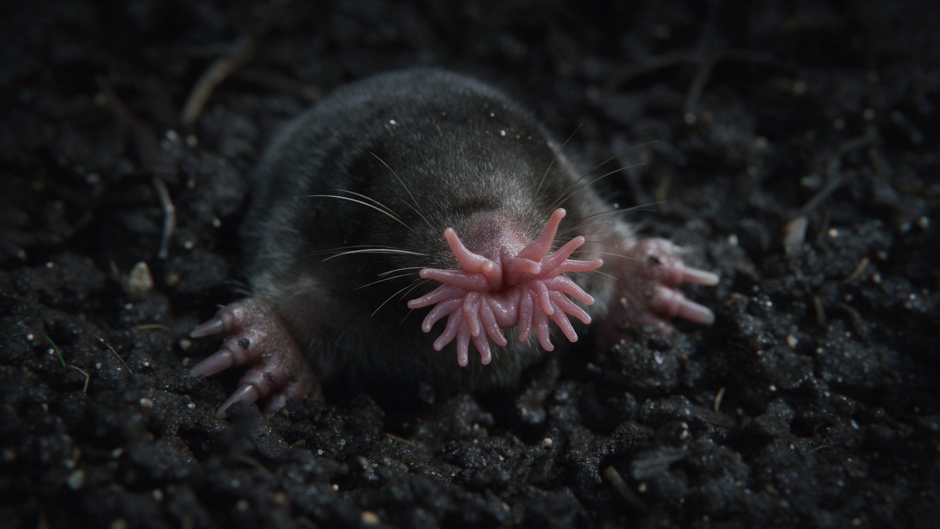 A star-nosed mole emerging from dark soil, its pink star of tentacles spread.