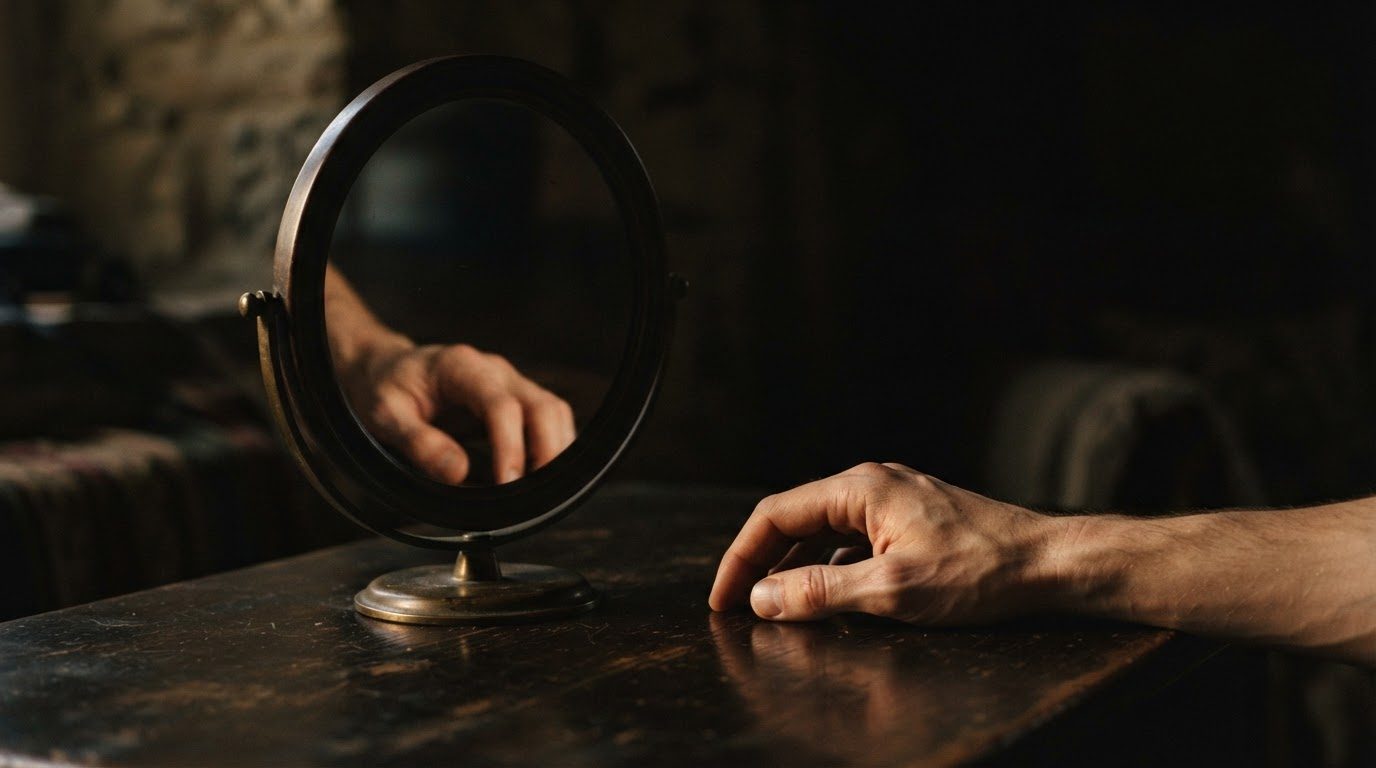 A hand resting beside a small mirror on a dark table, its reflection completing it.