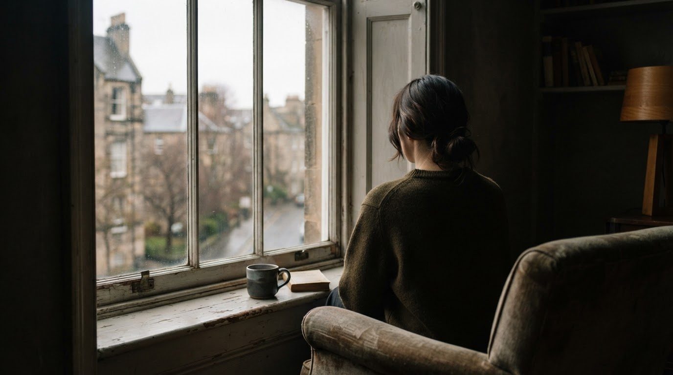 A person seen from behind, sitting quietly by a tall window with a cup on the sill.