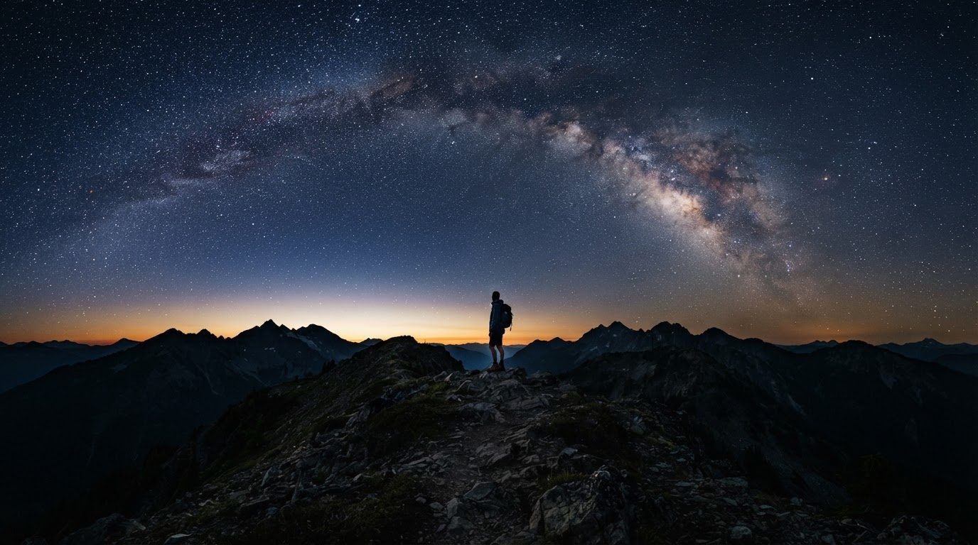 A tiny figure on a mountain ridge beneath the arc of the Milky Way.